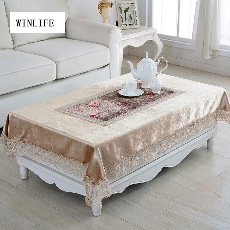 

WINLIFE Flowers Table Cloth Soft Gold Velvet Tablecloth Home Decorative Lace Table Runners