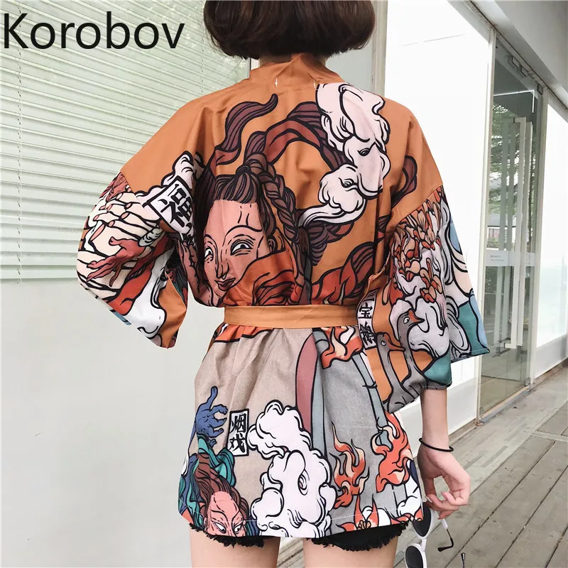 

Korobov Japan Style Kimono Blouse Women Cartoon Print Harajuku Shirts Female Ulzzang Loose Blouses Tops Feminina 77291