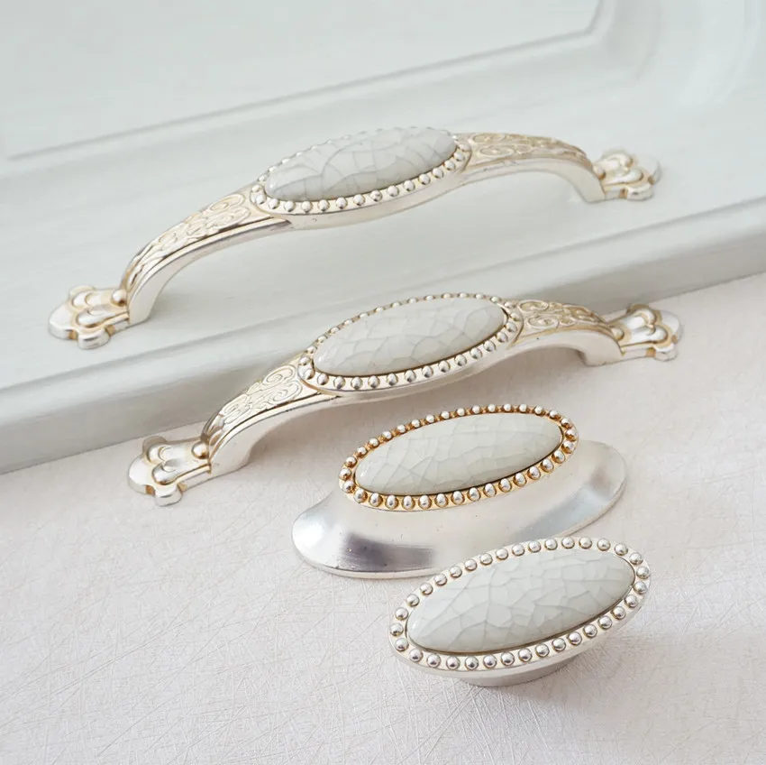Dresser/Drawer Pull Knobs Antique Silver Crackle Porcelain / Kitchen Cabinet Door Handle Pull Furniture Hardware 64 96 128 mm