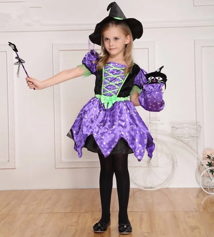 Детские костюмы на Хэллоуин для девочек Хэллоуин ведьмы костюм для детей девочек таможни для Хэллоуина Одежда для костюмированной игры маг платье