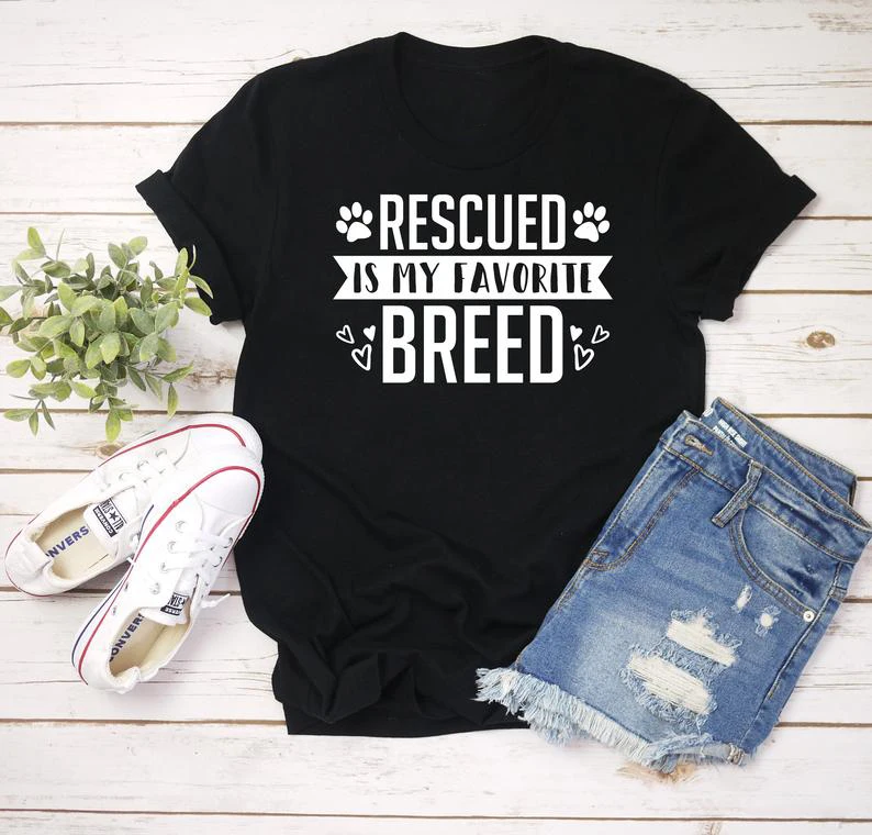 

Rescued Is My favorite Breed Adopt Dont Shop Fur Mama Shirt Dog Lover Gift funny slogan heart graphic aesthetic camisetas tees