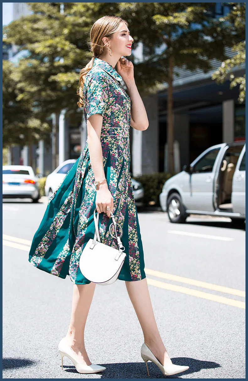 2019 Spring Summer Women short Sleeve Floral Print Elegant Casual Dresses Vestidos Robe Femme floral lapel print pleated Dress (1)