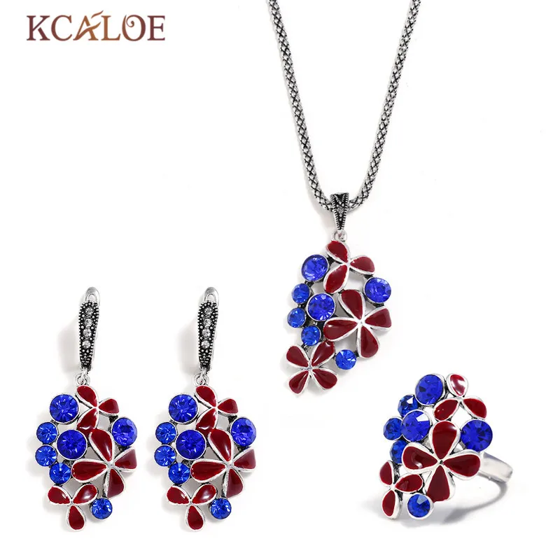 

KCALOE Red Enamel Flowers Jewelry Set Silver Color Necklaces & Pendants Earrings Ring Blue Zirconia Jewelery Sets For Women