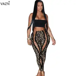 VAZN 2018 Популярные Модные цветочный принт черный длинный Пантес женщин bodycon отверстие длинные штаны женские пикантные выдалбливать Штаны LS6119