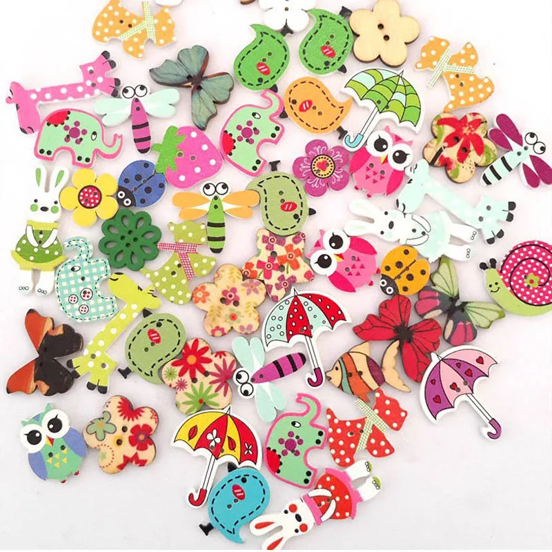 

50pcs Decorative Button For Children Scrapbook decor Sewing Mixed Flower cartoon Animal Wooden Buttons Printing Clothes Crafts