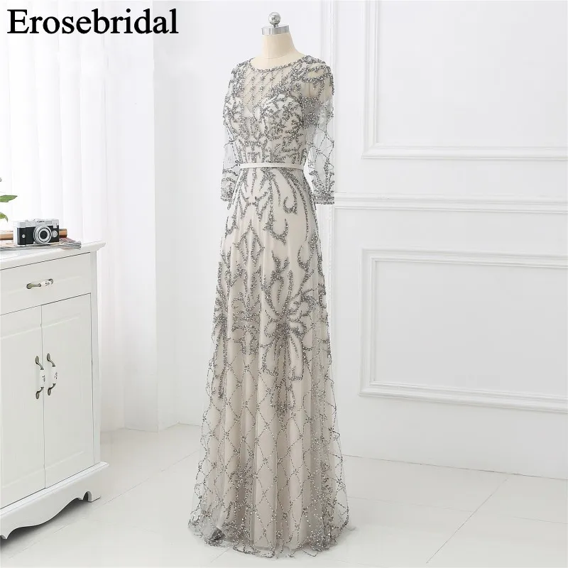 Elegant Evening Dress Long 2019 Long Sleeve Robe Soiree Long Formal Dresses Evening Gown Red/Navy/Grey Luxury Beaded