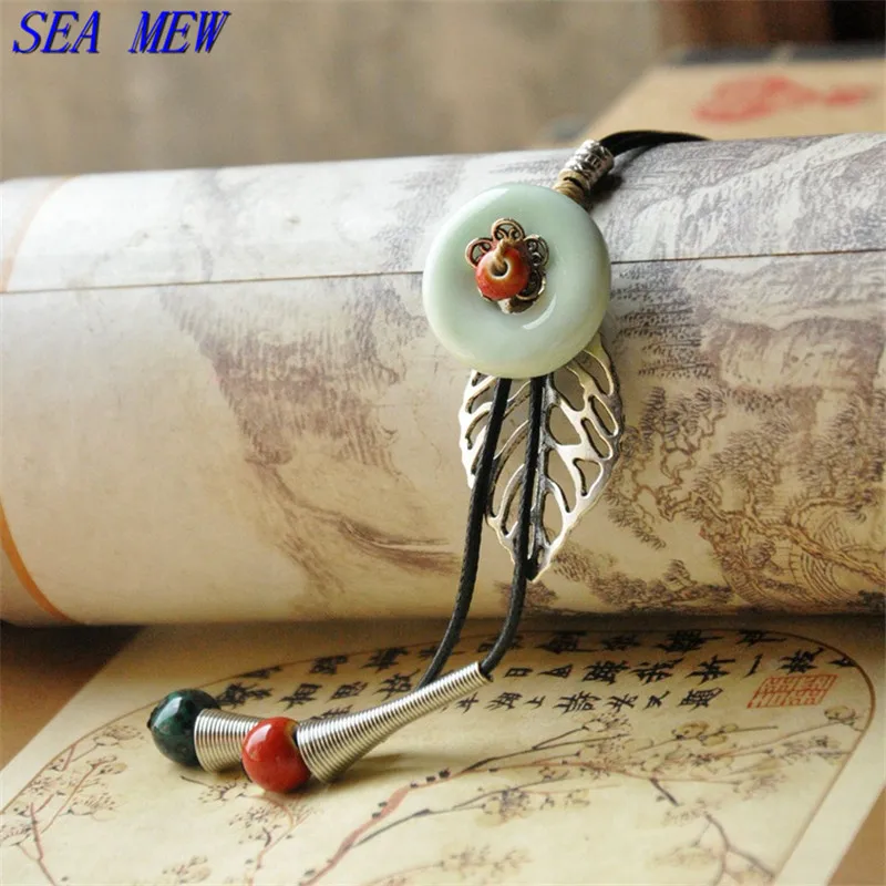 

SEA MEW New Charm Ceramic Bead Alloy Tassels Pendant Necklace Long Sweater Necklace For Women