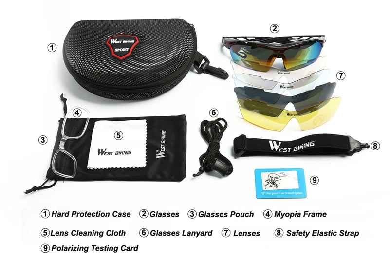 WEST BIKING Polarized Bicycle Glasses 5 Lens Cycling Sunglasses Myopia Frame Outdoor Sport Road Mountain Bike Cycling Glasses