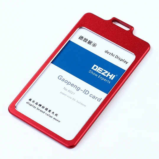 DEZHI High Gloss Business ID Card Holder with 1.5cm Neck Strap,Metal Name Card Case with Lanyard,Customize LOGO Badge Holder red no lanyard