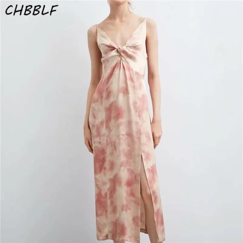 

CHBBLF women print sleeveless midi dress side zipper spaghetti strap backless split dresses female casual vestido BGB9062