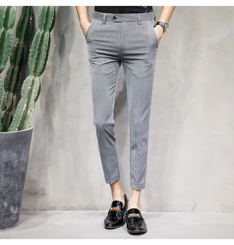 Модные Повседневное Для мужчин брюки новые летние 28-36 полосатые хлопковые облегающие брюки Черный, серый цвет личности популярные
