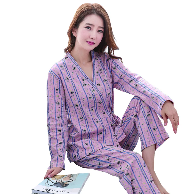 2018 Для женщин весна пижамы установить v-образным вырезом для Отдыха Кардиган удобные мягкие женские ночное M-XXL топы с длинными рукавами +