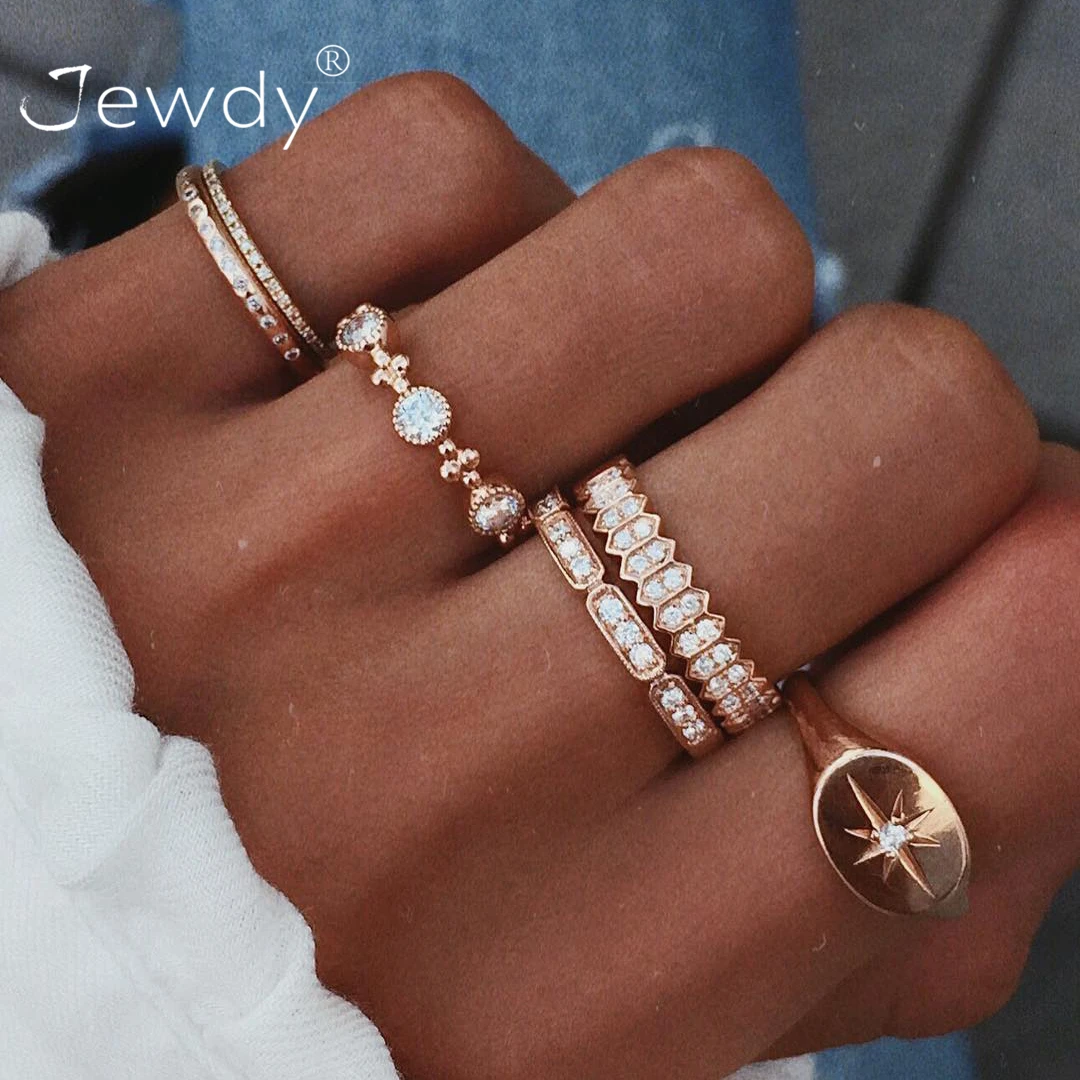

6 Pcs/set Bohemian Crystal Stone Star Cross Style Rings Set Vintage Geometric Gold Color Knuckle Ring for Women Jewelry Gift