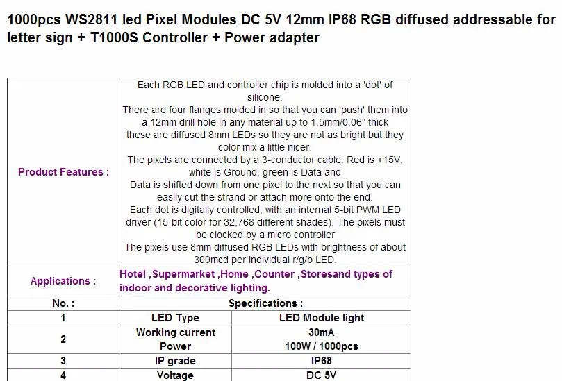 1000 шт. WS2811 Светодиодный пиксельный модуль 12 мм IP68 RGB рассеянный адресуемый для письма знак DC 5 В+ T1000S контроллер+ адаптер питания