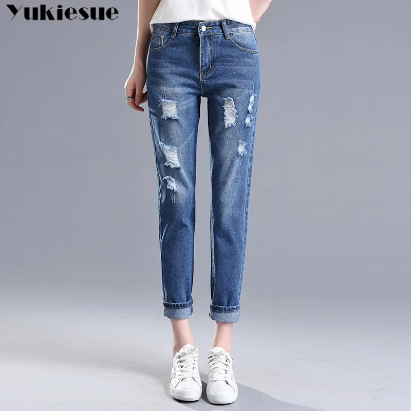 2018 Winter Ripped Jeans Woman High Waist Boyfriend Jeans For Women Plus Size Blue Black White Denim Mom Jeans Pants Trousers