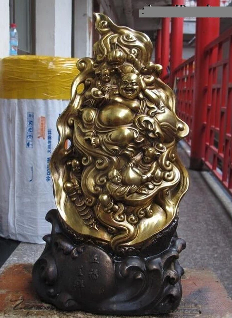 

004935 China Buddhism Bronze Gild Lucky Wealth Five boy arhat Maitreya Buddha Statue