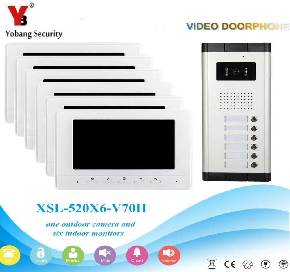 

YobangSecurity 7 Inch HD Color Cable Video Door Intercom Night Vision And Waterproof Design Video Doorbell 1 Camera 6 Monitor.