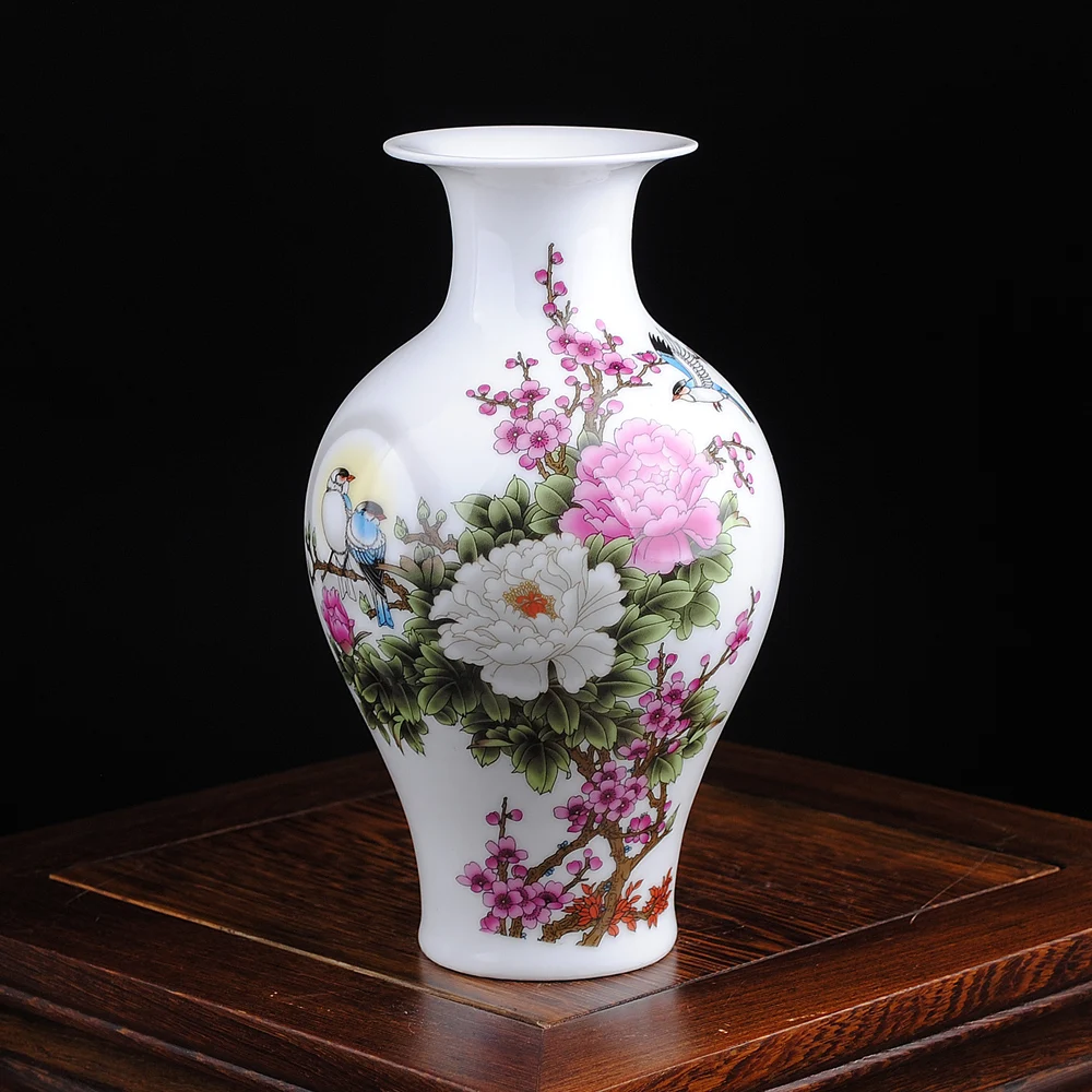 Jingdezhen Traditional Chiese Ceramic Vase Bird Peony Rich Flower Pottery Porcelain Vase