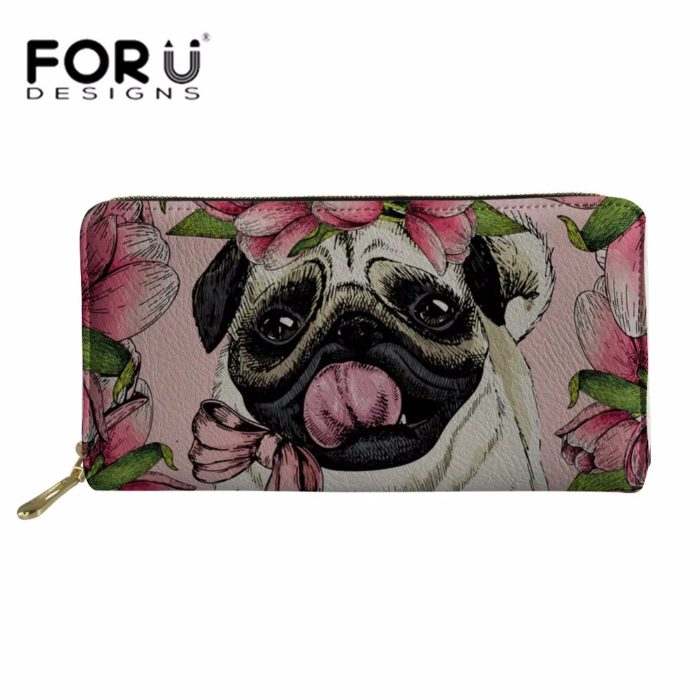 FORUDESIGNS Pug Dog Print Wallets Women Long PU Leather Purse Ladies Phone Cash Wallet for Girls