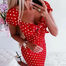 Женское летнее платье в горошек, с v-образным вырезом, облегающее, с бантом спереди, облегающее, вечерние, мини-сарафан, vestidos robe Femme