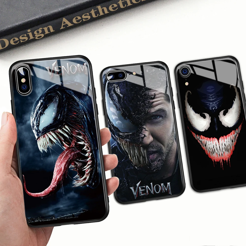 

Brand New Case for iPhone 7 Glass Case Venom Patterned Hard Back Cover for iPhone 6 6S 7 8 plus X XR XS MAX 11 pro max Case