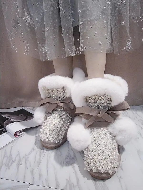 

Cute fairy hair ball leather rhinestone pearl three-dimensional flower rabbit fur snow boots cotton shoes boots