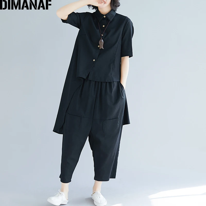  DIMANAF Plus Size Women Sets Office Lady Tops Shirt Long Pants Female Clothes Loose 2 Pieces Set So