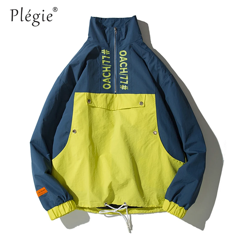 Plegie 2018 Autumn Hip Hop Jacket Windbreaker Men Streetwear Color Block Jacket Coat Vintage Casual Half Zipper Track Jackets