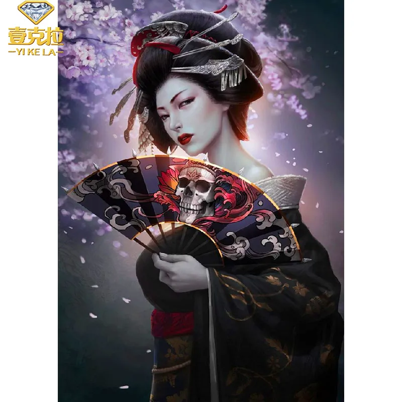 

Full Square 5D Diamond Painting Cross Stitch Mosaic Picture of Rhinestone Japanese Women Geisha With Skull Folding Fan Photo