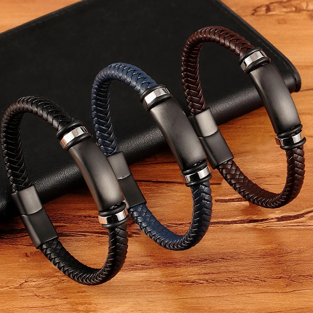 XQNI Stainless Steel Genuine Leather Men Bracelets 3 Colors For Men Birthday bracelet jewelry