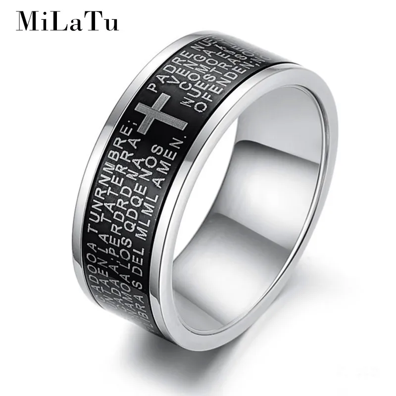 MiLaTu Black Christian Cross Bible Ring For Men Stainless Steel
