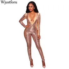 

Wjustforu Deep V Neck Sequins Jumpsuit Women Long Sleeve Skinny Sexy Rompers Bodycon Party Club Jumpsuits Female Overalls