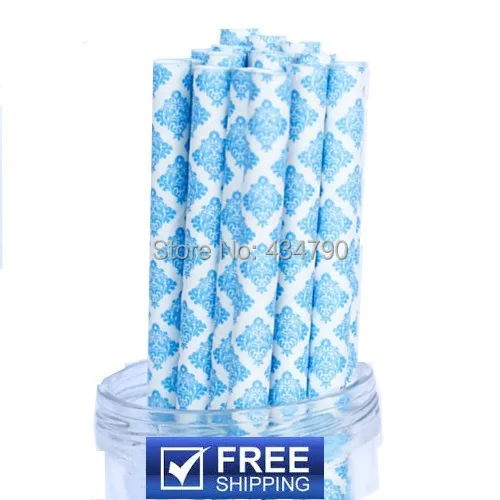 

200pcs Blue Damask Paper Drinking Straws,Wedding Birthday Bridal Baby Shower Party Cake Pop Sticks Decor,Choose Your Colors