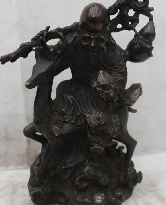 

8"Chinese Fengshui Purple Bronze longevity God Star Hold Peach On Deer Statue