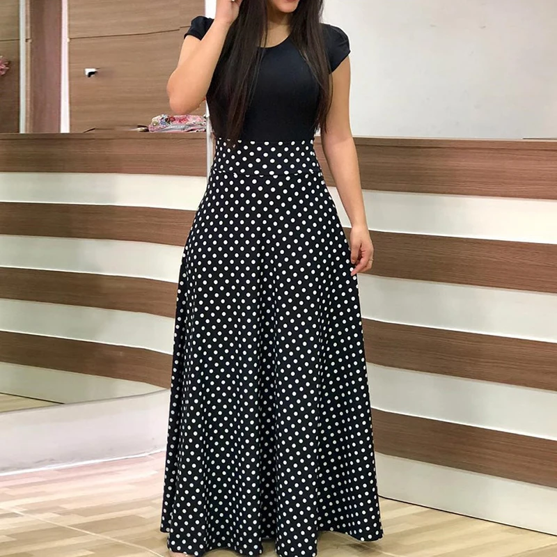 Summer Fake Two Piece Plus Size Floor-length Dress Women Short Sleeve Printing Dresses Female O-Neck Dot Long Maxi Vestidos