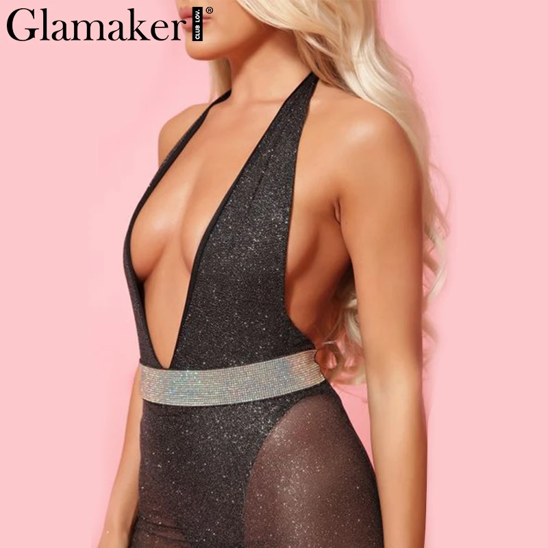 

Glamaker Backless deep v neck transparent mesh mini Dress women bodycon sexy halter belt black dress Spring party dress vestidos