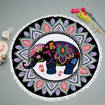 

Geometric Elephant Printed Beach Towel Superfine Fiber Round Shower Bath Towel Swimming Shawl with Tassel 150x150cm