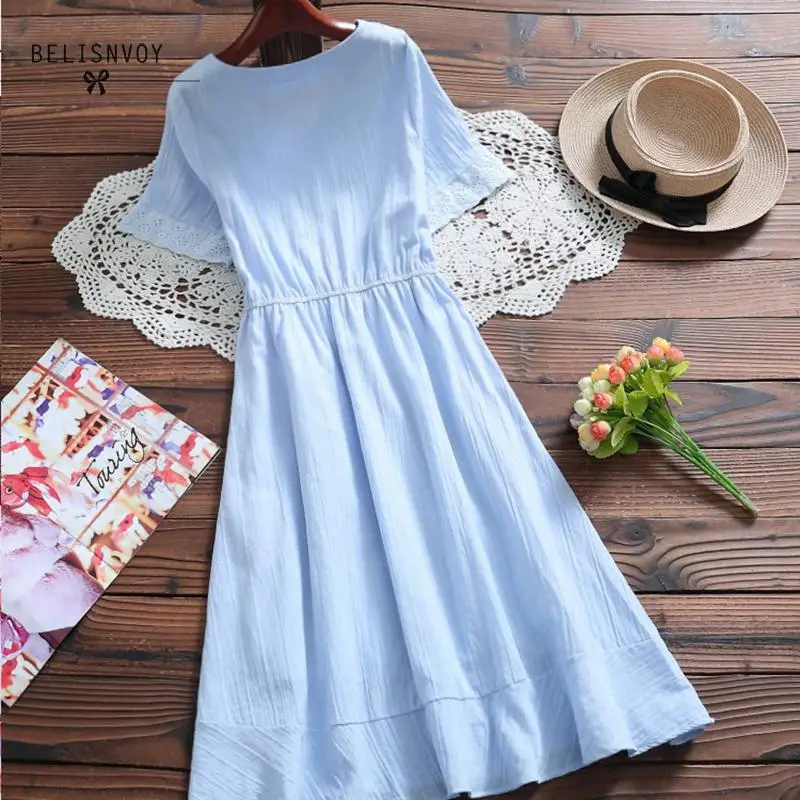 Женское платье с коротким рукавом Mori Girl однотонное льняное абрикосового цвета v