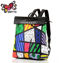 ROMERO BRITTO Nuevo 2017 Impresión Graffiti Búho Mochila de Satén Mujeres de LA PU Mochilas Bolsa de Viaje Chica de Dibujos Animados Bolsa de Hombro Del Bolso de Escuela