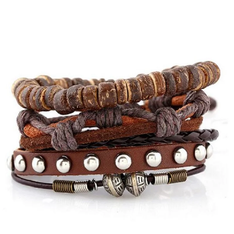 

New 3pcs 1 set Vintage Male Bracelet natural coconut shell beads jewelry Handmade Rope Braided Charm Bracelet Men bracelet sets