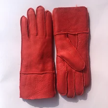 Women Winter Leather Gloves New 100% Real  Leather Gloves Sheepskin Ladies Warm Gloves & Mittens Thicken Hand Warmer Red N32