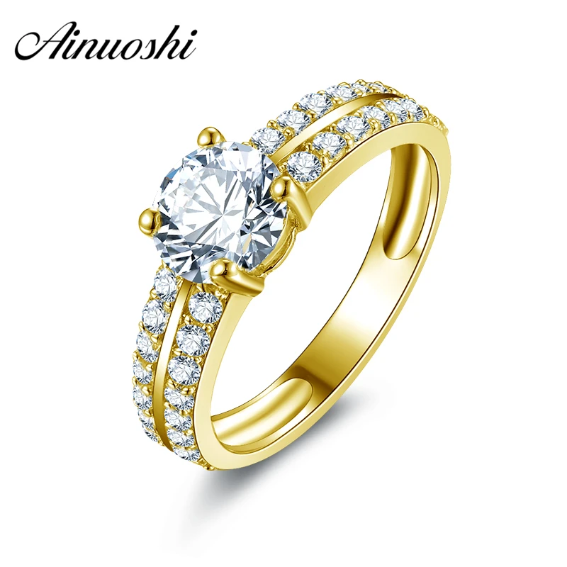 

AINUOSHI 10k Solid Yellow Gold Young Lady Finger Rings 1 ct Round Cut Simulated Diamond Band 2 Rows Drill Women Wedding Ring