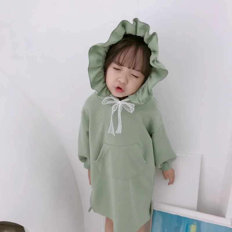 

2019 autumn girl hooded dress children Korean leisure pocket cotton solid color long sleeve dress kids clothing