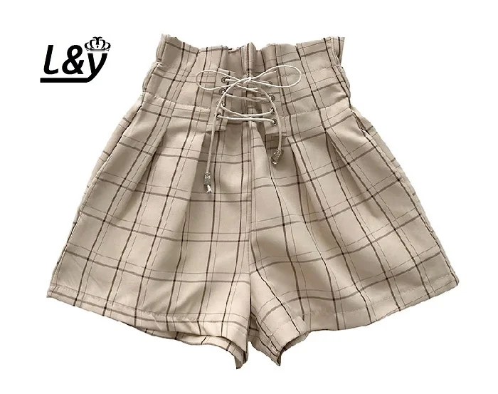 L& Y женские шорты летние модные винтажные клетчатые принты Drawstring шнуровка свободный крой повседневные короткие шорты с высокой талией женские - Цвет: Бежевый