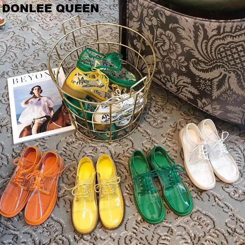 

Fashion Sneakers Shoes Women Lace Up Loafers Summer Candy Color Transparent PVC Sandals Brand Casual Shoes Flat zapatos de mujer