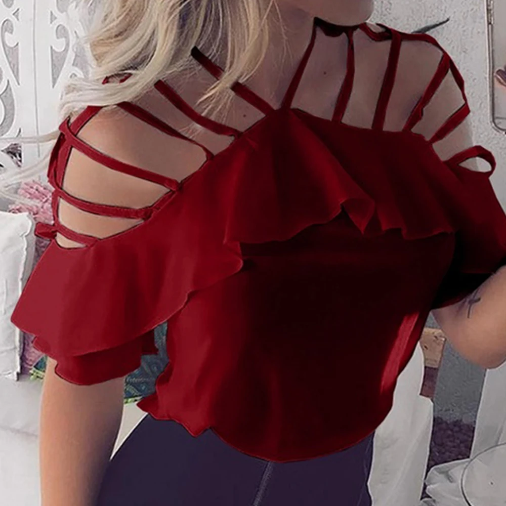 

2019 Women Blouses Ruffle Short Sleeve Chiffon Shirts Sexy Summer Hollow Out White Bluas Tops Women Off Shoulder Halter Blouses