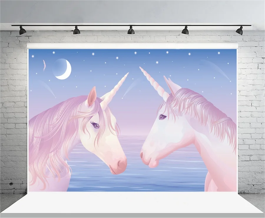 

Laeacco Cute Unicorns Crescent Moon Starry Cartoon Photography Backgrounds Vinyl Custom Photographic Backdrops For Photo Studio
