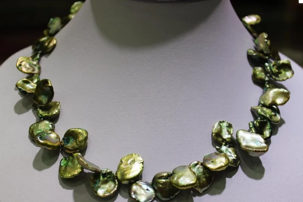 

N3314 Green Beautiful keshi reborn pearl necklace13x16mm-17.5INCH N Discount NEW