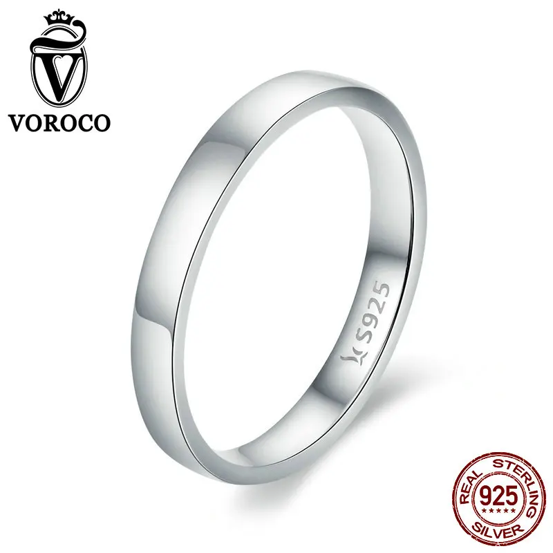 VOROCO Pure 925 Sterling Silver Simple Ring Simple Plate Platinum Anniversary Wedding Rings Woman Lover Fine Jewelry Gift BKR343