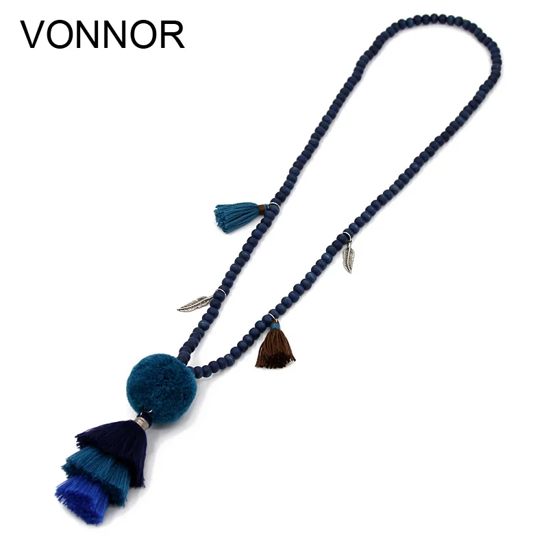 

VONNOR Necklace Women Statement Necklaces Wood Beads Big Plush Ball Tassel Pendant Necklaces Jewelry for Female